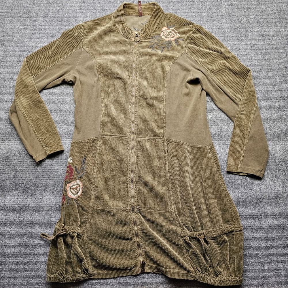 XCVI Olive Green Corduroy Floral Embroidered Zip Longline Jacket XL Boho